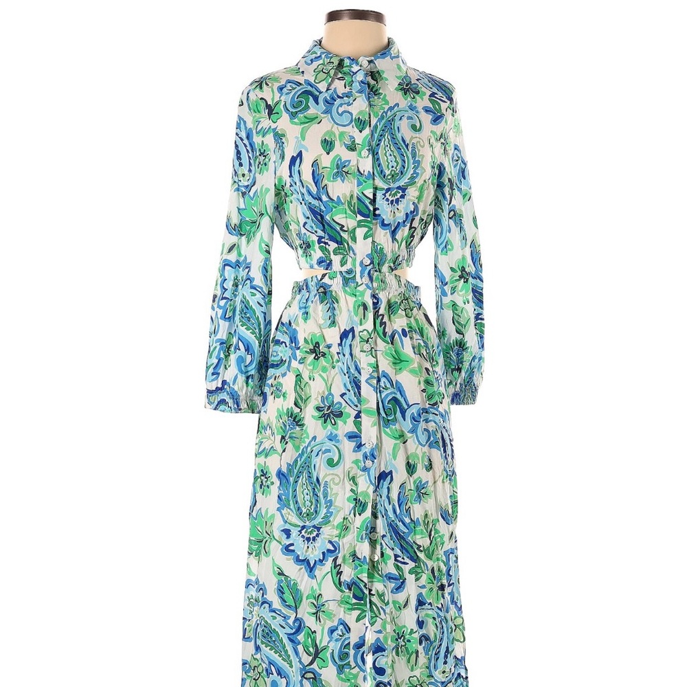 Zara Blue and Green Resort Wear Dress with Bishop Sleeves